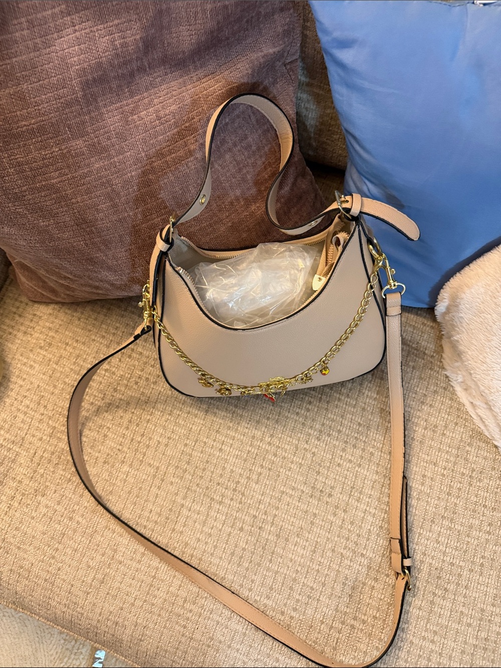 Coach Beige Shoulder Bag with Gold Chain Detail